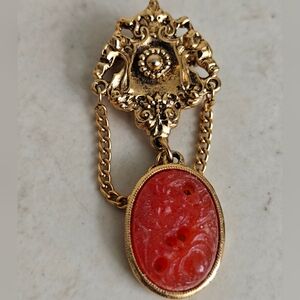 Vintage Art Nouveau Style Faux Carved Carnelian Dangling Brooch